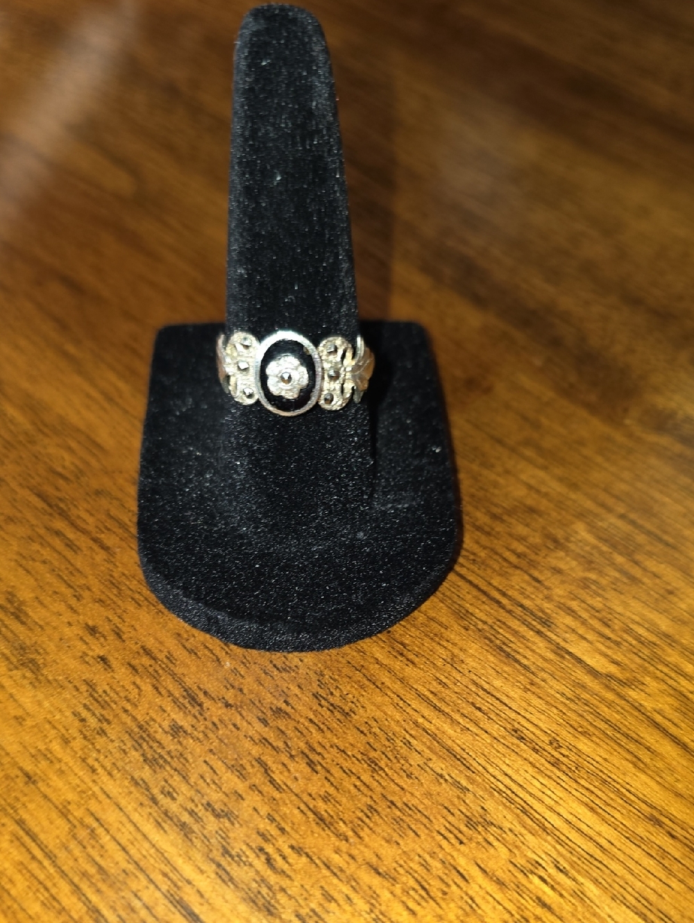 Vintage Sterling Silver Floral Filigree Onyx & Marcasite Ring Size 6.5